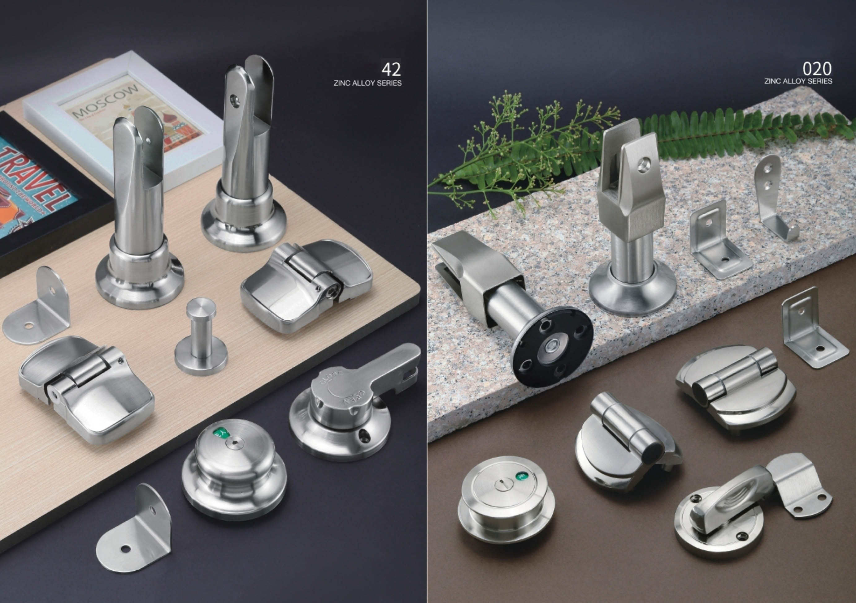 Stainless steel toilet partition hardware system including hinges, locks, support legs and connectors for commercial restroom cubicles